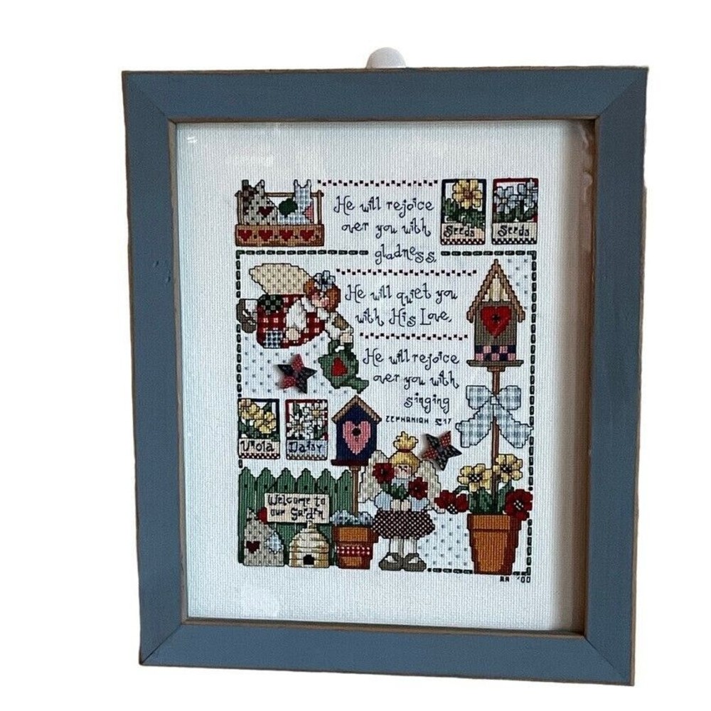 VTG Cross Country Stitch Summer Angel Garden Bible Verse "He Will," Framed
